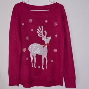 Christmas Women Pink Sparkly Reindeer Snow flakes Sweater Size M
